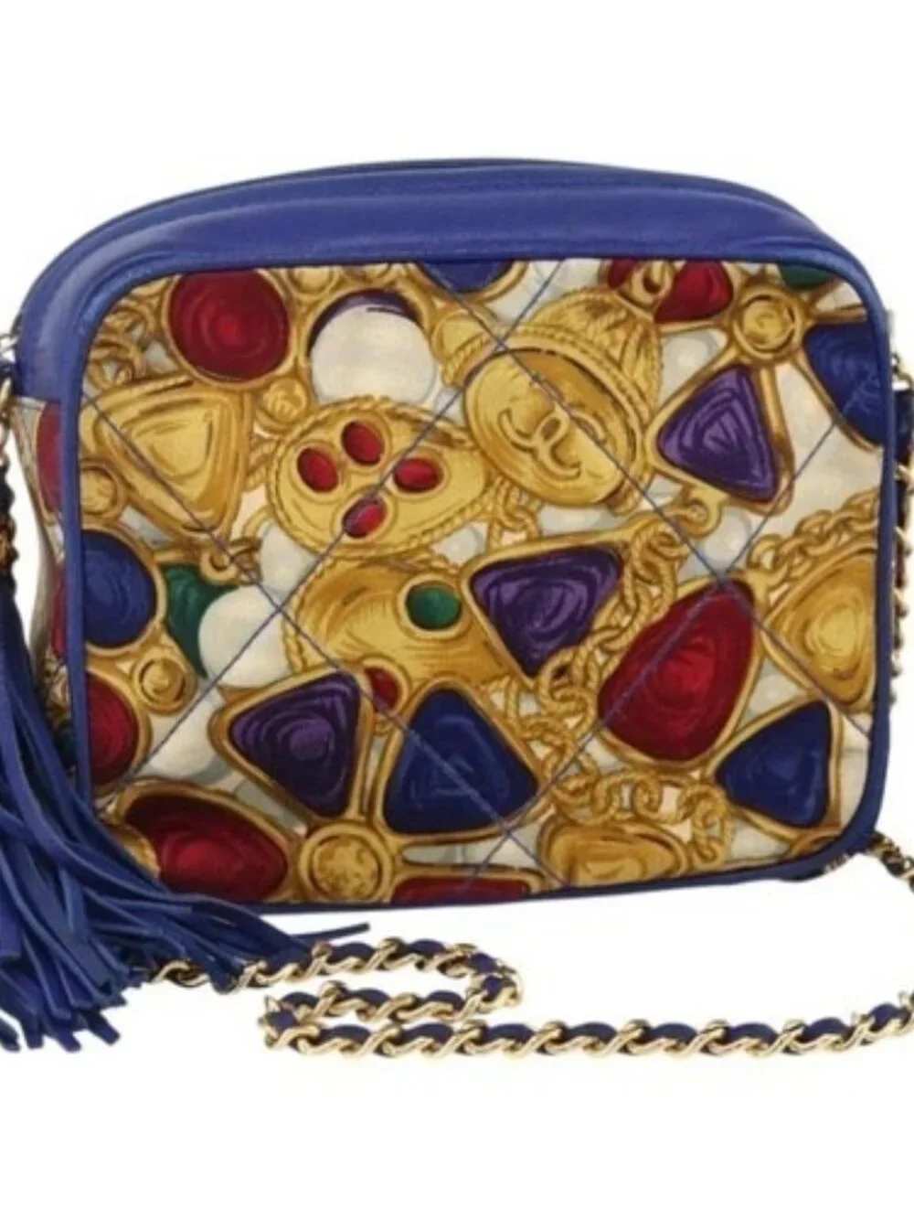 CHANEL Matelasse Chain Shoulder Bag Satin Blue Gold CC Auth BAZ668V